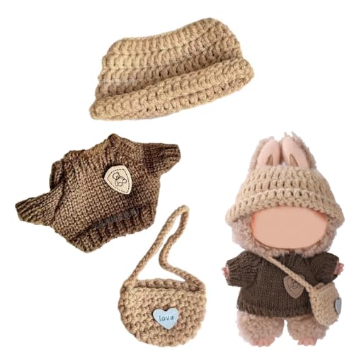EYWILYWI 3-teiliges Puppenkleidungs-Set Braun – Puppenmütze, Gestrickter Pullover und Umhängetasche, Süße Puppenkleidungsaccessoires für Plüschpuppen (Puppe Nicht enthalten) (Braun) von EYWILYWI