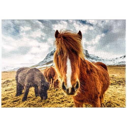 Pferde in den Bergen Islands – Premium-Puzzle mit 2000 Teilen, 70 x 100 cm von EZMLFA