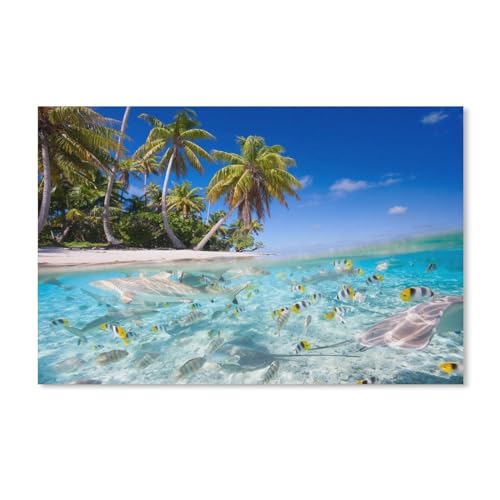 Puzzle 1000 Teile ，Tropische Landschaft, Meer, Strand, Palmen, Fische, Haie ，Karton Spielzeug für Erwachsene Dekompressionsspiel 38x52CM 70x50CM von EZMLFA