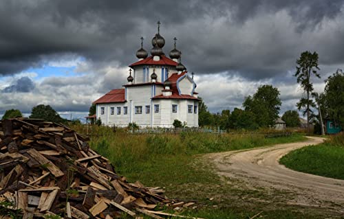 Puzzle 1000 Teile für Erwachsene, anspruchsvolle Puzzlespiele, Naturlandschaft, Straße, Kirche, Brennholz, Tempel, Russland, 50 x 70 cm von EZMLFA