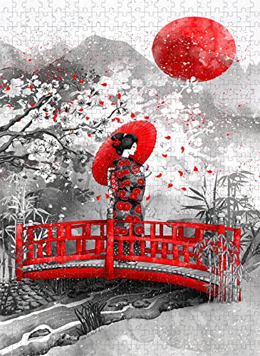 Puzzle 2000 Teile Brücke Roter Regenschirm Frau Indoor Puzzlespiel 70x100CM von EZMLFA