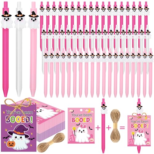 Eaasty 54 Sets rosa Halloween-Gelschreiber, Großpackung Halloween-Anhänger mit Schnur, Geschenkanhänger, niedliche Geisterform, Tintenstifte, Geschenkkarten für Partyzubehör, Geschenktüten (Rosa von Eaasty