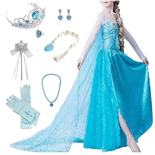 Eadaion ELSA Mädchen Prinzessin Kostüm, Eiskönigin ELSA Kostüm Kinder, 10-teiliges Set ELSA Kleid mit Krone Diadem für Weihnachten Verkleidung Karneval Halloween Geburtstag(Hellblau, 120) von Eadaion