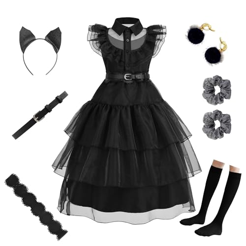 Eadaion Mädchen schwarz Halloween kostüm kinder Up lange Kostüm Kleid für Kinder Familie Fancy Cosplay Halloween Party Outfit 4-14 Jahre (Schwarz, 130) von Eadaion