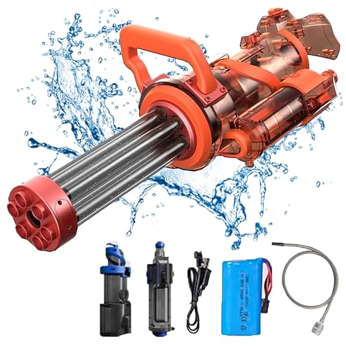 Gatling Wasserpistole Elektrisch für Erwachsene und Kinder, Automatische Spritzpistolen mit großer Kapazität, Wasserpistole mit Rotierender Düse und Mündungsfeuer (Rot) von EagerMinds