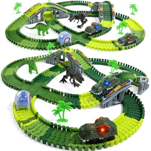 EagleStone Dinosaurier Rennbahn Set für Kinder – 233 Rennstreckenteile, 2 elektrische Dino-Autos mit Licht, 2 Dino-Figuren, Weihnachts Geburtstagsgeschenk für Jungen und Mädchen von 3 bis 8 Jahren von EagleStone