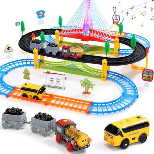 EagleStone Elektrisches Zug-Set für Kinder 3–8, 2-in-1 Zug- und Bus-Bahnspielzeug mit Doppel-Schienen, beleuchteter Brücke, Schildern & Zubehör – Eisenbahn-Spielset Geschenk für Jungen und Mädchen von EagleStone
