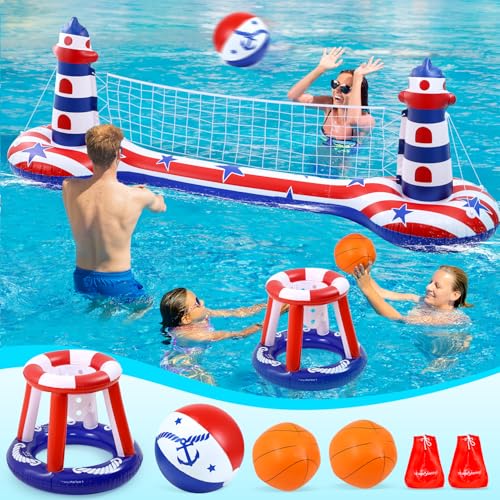 EagleStone Volleyballnetz-Set für Schwimmbad, mit Basketballkorb, aufblasbares Pool-Schwimmset, Volleyballnetz mit amerikanischer Flagge und Basketballkörben von EagleStone