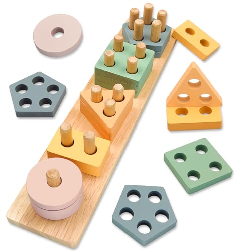 Eagool Montessori Spielzeug ab 1 Jahr - Holz Sortier & Stapelspielzeug, 1 2 3 Jahre -Aktivitäts & Entwicklungsspielzeug aus Holz in Pastellfarben – Montessori - Lernspielzeug für Kleinkinder von Eagool