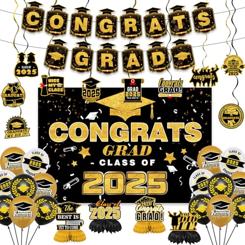 Abschlussdekorationen, Klasse 2025, Abschluss-Party-Dekorationsset beinhaltet Hintergrund der Klasse 2025, hängende Wirbel, Luftballons und Waben, 2025 Abschlussdekorationen, Partyzubehör Abschlussdekorationen, Klasse 2025, Abschluss-Party-Dekorationsset beinhaltet Hintergrund der Klasse 2025, hängende Wirbel, Luftballons und Waben, 2025 Abschlussdekorationen, Partyzubehör von Eaguecros
