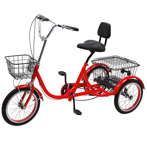 Ealtqund Dreirad für Erwachsene Hochkohlenstoffstahl 3 Rad Fahrrad mit Einkaufskorb bis 330,69 lbs Belastbar Dreirad höhenverstellbar Tricycle Fahrrad Cruiser Bikes für Senioren, Rot von Ealtqund