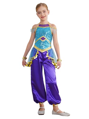 Eandarui Kinder Mädchen Arabische Tänzerin Kostüm Pailletten Overall Rüschen Jumpsuit Mit Gold Armbänder Für Fasching Karneval Blau 170 Eandarui Kinder Mädchen Arabische Tänzerin Kostüm Pailletten Overall Rüschen Jumpsuit Mit Gold Armbänder Für Fasching Karneval Blau 170 von Eandarui
