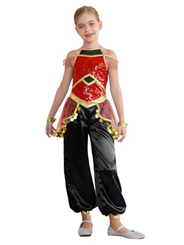 Eandarui Kinder Mädchen Arabische Tänzerin Kostüm Pailletten Overall Rüschen Jumpsuit Mit Gold Armbänder Für Fasching Karneval Rot 170 von Eandarui
