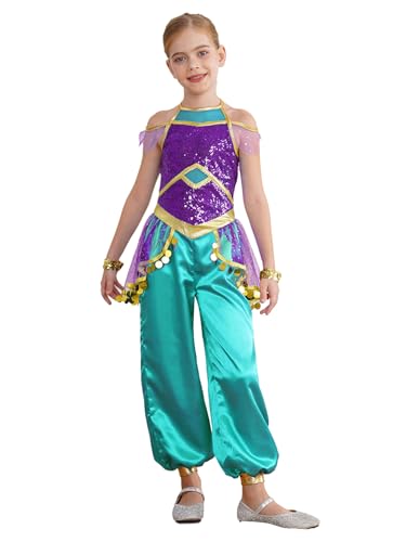 Eandarui Kinder Mädchen Arabische Tänzerin Kostüm Pailletten Overall Rüschen Jumpsuit Mit Gold Armbänder Für Fasching Karneval Violett 170 Eandarui Kinder Mädchen Arabische Tänzerin Kostüm Pailletten Overall Rüschen Jumpsuit Mit Gold Armbänder Für Fasching Karneval Violett 170 von Eandarui