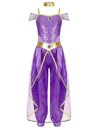 Eandarui Mädchen Bauchtanz Outfit Pailletten Glitzer Tanzanzug Tüll Schicht Indische Kleidung Für Fasching Karneval Violett 146-152 von Eandarui