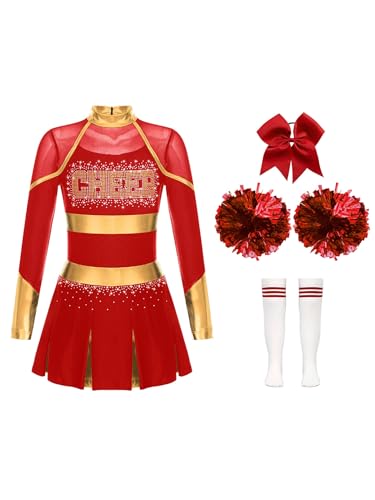 Eandarui Cheer Leader Kostüm Kinder Mädchen Cheerleaderin Kleid Langarm Tanzkleid Mit Schleife Stirnband Pompons Strümpfe 4tlg Tanzkostüm A Rot 134-140 Eandarui Cheer Leader Kostüm Kinder Mädchen Cheerleaderin Kleid Langarm Tanzkleid Mit Schleife Stirnband Pompons Strümpfe 4tlg Tanzkostüm A Rot 134-140 von Eandarui