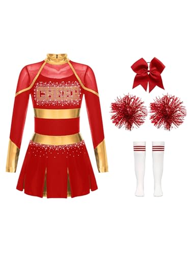 Eandarui Cheer Leader Kostüm Kinder Mädchen Cheerleaderin Kleid Langarm Tanzkleid Mit Schleife Stirnband Pompons Strümpfe 4tlg Tanzkostüm B Rot 158-164 Eandarui Cheer Leader Kostüm Kinder Mädchen Cheerleaderin Kleid Langarm Tanzkleid Mit Schleife Stirnband Pompons Strümpfe 4tlg Tanzkostüm B Rot 158-164 von Eandarui