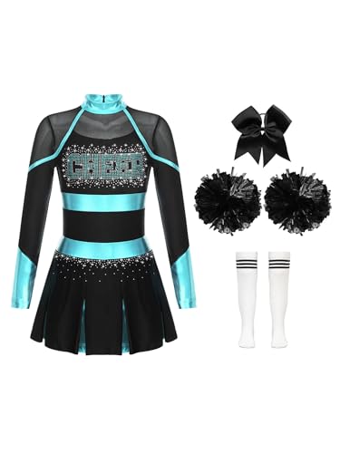 Eandarui Cheer Leader Kostüm Kinder Mädchen Cheerleaderin Kleid Langarm Tanzkleid Mit Schleife Stirnband Pompons Strümpfe 4tlg Tanzkostüm Blau, Grün und Weiß 158-164 Eandarui Cheer Leader Kostüm Kinder Mädchen Cheerleaderin Kleid Langarm Tanzkleid Mit Schleife Stirnband Pompons Strümpfe 4tlg Tanzkostüm Blau, Grün und Weiß 158-164 von Eandarui