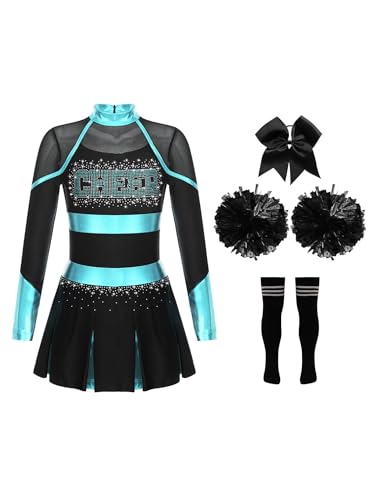 Eandarui Cheer Leader Kostüm Kinder Mädchen Cheerleaderin Kleid Langarm Tanzkleid Mit Schleife Stirnband Pompons Strümpfe 4tlg Tanzkostüm Blau Grün & Schwarz 158-164 Eandarui Cheer Leader Kostüm Kinder Mädchen Cheerleaderin Kleid Langarm Tanzkleid Mit Schleife Stirnband Pompons Strümpfe 4tlg Tanzkostüm Blau Grün & Schwarz 158-164 von Eandarui