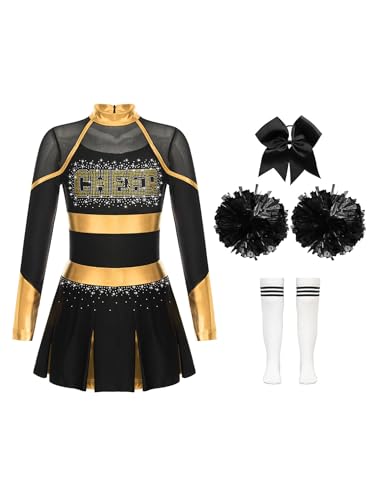 Eandarui Cheer Leader Kostüm Kinder Mädchen Cheerleaderin Kleid Langarm Tanzkleid Mit Schleife Stirnband Pompons Strümpfe 4tlg Tanzkostüm Gold und Weiß 158-164 Eandarui Cheer Leader Kostüm Kinder Mädchen Cheerleaderin Kleid Langarm Tanzkleid Mit Schleife Stirnband Pompons Strümpfe 4tlg Tanzkostüm Gold und Weiß 158-164 von Eandarui
