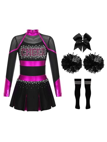 Eandarui Cheer Leader Kostüm Kinder Mädchen Cheerleaderin Kleid Langarm Tanzkleid Mit Schleife Stirnband Pompons Strümpfe 4tlg Tanzkostüm Hot Pink & Schwarz 146-152 Eandarui Cheer Leader Kostüm Kinder Mädchen Cheerleaderin Kleid Langarm Tanzkleid Mit Schleife Stirnband Pompons Strümpfe 4tlg Tanzkostüm Hot Pink & Schwarz 146-152 von Eandarui