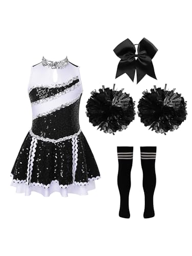 Eandarui Cheer Leader Kostüm Kinder Mädchen Pailletten Kleid Ärmellos Tanzkleid Mit Schleife Stirnband Pompons Strümpfe Fasching Karneval Cosplay Outfit A Schwarz-Weiß 122-128 Eandarui Cheer Leader Kostüm Kinder Mädchen Pailletten Kleid Ärmellos Tanzkleid Mit Schleife Stirnband Pompons Strümpfe Fasching Karneval Cosplay Outfit A Schwarz-Weiß 122-128 von Eandarui
