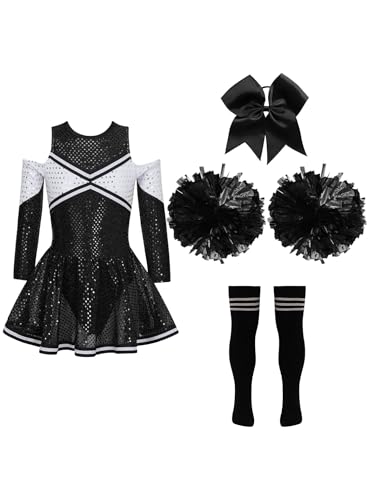Eandarui Cheerleading Training Outfit Kinder Mädchen Cheerleaderin Kostüm Langarm Pailletten Kleid Mit Pompons Haarband Strümpfe 4tlg Tanzkostüm A Schwarz-Weiß 110-116 Eandarui Cheerleading Training Outfit Kinder Mädchen Cheerleaderin Kostüm Langarm Pailletten Kleid Mit Pompons Haarband Strümpfe 4tlg Tanzkostüm A Schwarz-Weiß 110-116 von Eandarui