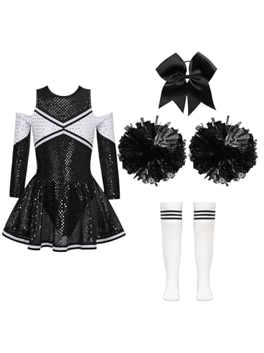 Eandarui Cheerleading Training Outfit Kinder Mädchen Cheerleaderin Kostüm Langarm Pailletten Kleid Mit Pompons Haarband Strümpfe 4tlg Tanzkostüm A Weiß&Schwarz 170 Eandarui Cheerleading Training Outfit Kinder Mädchen Cheerleaderin Kostüm Langarm Pailletten Kleid Mit Pompons Haarband Strümpfe 4tlg Tanzkostüm A Weiß&Schwarz 170 von Eandarui