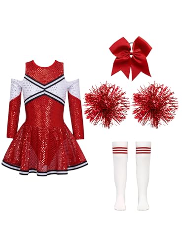 Eandarui Cheerleading Training Outfit Kinder Mädchen Cheerleaderin Kostüm Langarm Pailletten Kleid Mit Pompons Haarband Strümpfe 4tlg Tanzkostüm B Rot 146-152 Eandarui Cheerleading Training Outfit Kinder Mädchen Cheerleaderin Kostüm Langarm Pailletten Kleid Mit Pompons Haarband Strümpfe 4tlg Tanzkostüm B Rot 146-152 von Eandarui