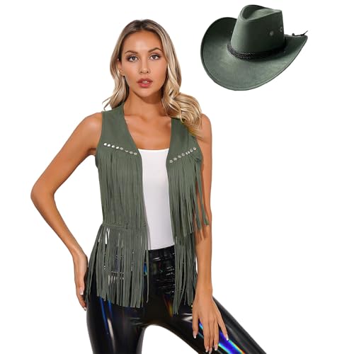 Eandarui Cowgirl Kostüm Damen Western Weste Mit Fransen Ärmellos Wildleder Jacke Boho Jacket Mit Cowboyhut 60er 70er Jahre Hippie Outfit Armeegrün M Eandarui Cowgirl Kostüm Damen Western Weste Mit Fransen Ärmellos Wildleder Jacke Boho Jacket Mit Cowboyhut 60er 70er Jahre Hippie Outfit Armeegrün M von Eandarui