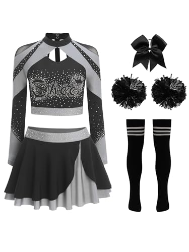 Eandarui Damen Cheer Leader Kostüm Langarm Tanz Top Kurz Tshirt Strass Glitzer Wickelrock Schleife Stirnband Pompons Strümpfe Wettbewerb Tanzkleidung Grau B L Eandarui Damen Cheer Leader Kostüm Langarm Tanz Top Kurz Tshirt Strass Glitzer Wickelrock Schleife Stirnband Pompons Strümpfe Wettbewerb Tanzkleidung Grau B L von Eandarui