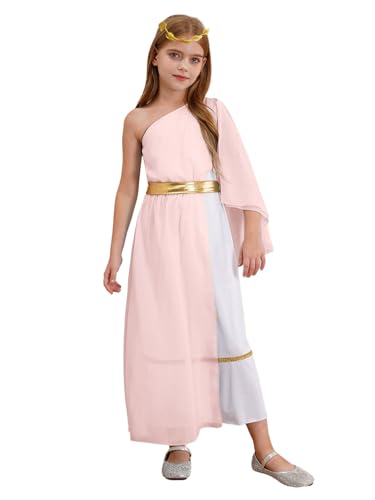 Eandarui Griechische Göttin Kostüm Kinder Mädchen Römerin Toga Kleid Ein Schulter Eldes Maxikleid Mit Gold Lorbeerkranz Cosplay Outfit Rosa 158-164 von Eandarui