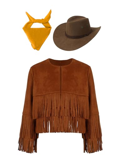 Eandarui Hippie Kostüm Kinder Mädchen Jungen Langarm Fransenjacke Mit Cowboyhut Bandana Kopftuch Halstuch Cowboy Cowgirl Boho Outfit Braun&Gelb 158-164 Eandarui Hippie Kostüm Kinder Mädchen Jungen Langarm Fransenjacke Mit Cowboyhut Bandana Kopftuch Halstuch Cowboy Cowgirl Boho Outfit Braun&Gelb 158-164 von Eandarui