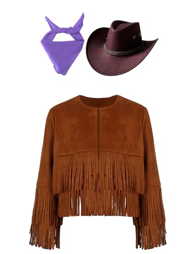 Eandarui Hippie Kostüm Kinder Mädchen Jungen Langarm Fransenjacke Mit Cowboyhut Bandana Kopftuch Halstuch Cowboy Cowgirl Boho Outfit Braun&Lila 158-164 Eandarui Hippie Kostüm Kinder Mädchen Jungen Langarm Fransenjacke Mit Cowboyhut Bandana Kopftuch Halstuch Cowboy Cowgirl Boho Outfit Braun&Lila 158-164 von Eandarui