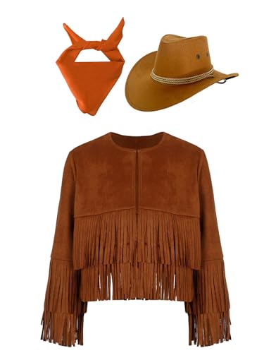 Eandarui Hippie Kostüm Kinder Mädchen Jungen Langarm Fransenjacke Mit Cowboyhut Bandana Kopftuch Halstuch Cowboy Cowgirl Boho Outfit Braun und Orange 146-152 Eandarui Hippie Kostüm Kinder Mädchen Jungen Langarm Fransenjacke Mit Cowboyhut Bandana Kopftuch Halstuch Cowboy Cowgirl Boho Outfit Braun und Orange 146-152 von Eandarui