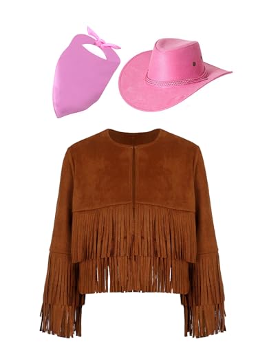 Eandarui Hippie Kostüm Kinder Mädchen Jungen Langarm Fransenjacke Mit Cowboyhut Bandana Kopftuch Halstuch Cowboy Cowgirl Boho Outfit Braun und Rosa 146-152 Eandarui Hippie Kostüm Kinder Mädchen Jungen Langarm Fransenjacke Mit Cowboyhut Bandana Kopftuch Halstuch Cowboy Cowgirl Boho Outfit Braun und Rosa 146-152 von Eandarui