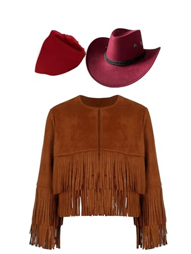 Eandarui Hippie Kostüm Kinder Mädchen Jungen Langarm Fransenjacke Mit Cowboyhut Bandana Kopftuch Halstuch Cowboy Cowgirl Boho Outfit Braun&Rot 170 Eandarui Hippie Kostüm Kinder Mädchen Jungen Langarm Fransenjacke Mit Cowboyhut Bandana Kopftuch Halstuch Cowboy Cowgirl Boho Outfit Braun&Rot 170 von Eandarui