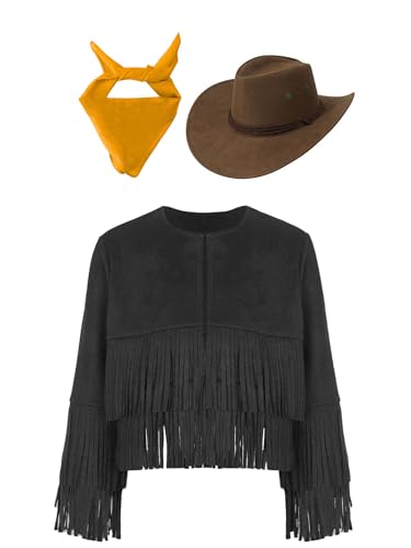 Eandarui Hippie Kostüm Kinder Mädchen Jungen Langarm Fransenjacke Mit Cowboyhut Bandana Kopftuch Halstuch Cowboy Cowgirl Boho Outfit Schwarz Gelb 158-164 Eandarui Hippie Kostüm Kinder Mädchen Jungen Langarm Fransenjacke Mit Cowboyhut Bandana Kopftuch Halstuch Cowboy Cowgirl Boho Outfit Schwarz Gelb 158-164 von Eandarui
