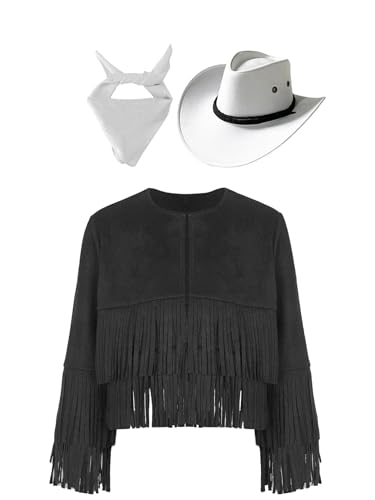 Eandarui Hippie Kostüm Kinder Mädchen Jungen Langarm Fransenjacke Mit Cowboyhut Bandana Kopftuch Halstuch Cowboy Cowgirl Boho Outfit Schwarz-Weiss 158-164 Eandarui Hippie Kostüm Kinder Mädchen Jungen Langarm Fransenjacke Mit Cowboyhut Bandana Kopftuch Halstuch Cowboy Cowgirl Boho Outfit Schwarz-Weiss 158-164 von Eandarui