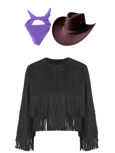Eandarui Hippie Kostüm Kinder Mädchen Jungen Langarm Fransenjacke Mit Cowboyhut Bandana Kopftuch Halstuch Cowboy Cowgirl Boho Outfit Schwarz & Lila 122-128 Eandarui Hippie Kostüm Kinder Mädchen Jungen Langarm Fransenjacke Mit Cowboyhut Bandana Kopftuch Halstuch Cowboy Cowgirl Boho Outfit Schwarz & Lila 122-128 von Eandarui
