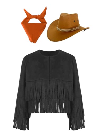 Eandarui Hippie Kostüm Kinder Mädchen Jungen Langarm Fransenjacke Mit Cowboyhut Bandana Kopftuch Halstuch Cowboy Cowgirl Boho Outfit Schwarz & Orange 122-128 Eandarui Hippie Kostüm Kinder Mädchen Jungen Langarm Fransenjacke Mit Cowboyhut Bandana Kopftuch Halstuch Cowboy Cowgirl Boho Outfit Schwarz & Orange 122-128 von Eandarui