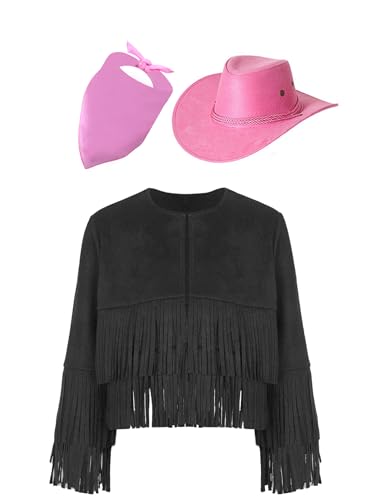 Eandarui Hippie Kostüm Kinder Mädchen Jungen Langarm Fransenjacke Mit Cowboyhut Bandana Kopftuch Halstuch Cowboy Cowgirl Boho Outfit Schwarz & Rosa 170 Eandarui Hippie Kostüm Kinder Mädchen Jungen Langarm Fransenjacke Mit Cowboyhut Bandana Kopftuch Halstuch Cowboy Cowgirl Boho Outfit Schwarz & Rosa 170 von Eandarui