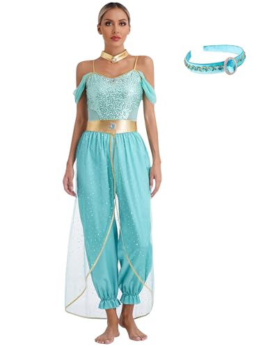Eandarui Karneval Kostüm Damen Bauchtanz Outfit Pailletten Overall Tüll Schicht Jumpsuit Ganzkörper Tanzanzug Mit Stirnband Faschingkostüm Türkis 4XL von Eandarui