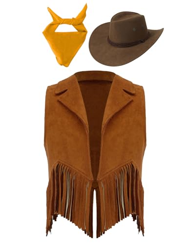 Eandarui Kinder Cowboy Kostüm Jungen Mädchen Western Outfit Wildleder Weste Ärmellos Fransenjacke Mit Hut Halstuch Für Fasching Karneval Braun&Gelb 134-140 Eandarui Kinder Cowboy Kostüm Jungen Mädchen Western Outfit Wildleder Weste Ärmellos Fransenjacke Mit Hut Halstuch Für Fasching Karneval Braun&Gelb 134-140 von Eandarui