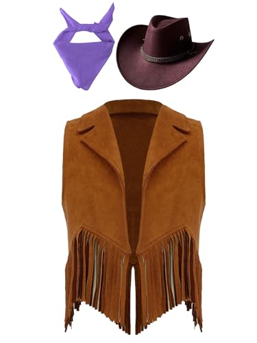 Eandarui Kinder Cowboy Kostüm Jungen Mädchen Western Outfit Wildleder Weste Ärmellos Fransenjacke Mit Hut Halstuch Für Fasching Karneval Braun&Lila 134-140 Eandarui Kinder Cowboy Kostüm Jungen Mädchen Western Outfit Wildleder Weste Ärmellos Fransenjacke Mit Hut Halstuch Für Fasching Karneval Braun&Lila 134-140 von Eandarui
