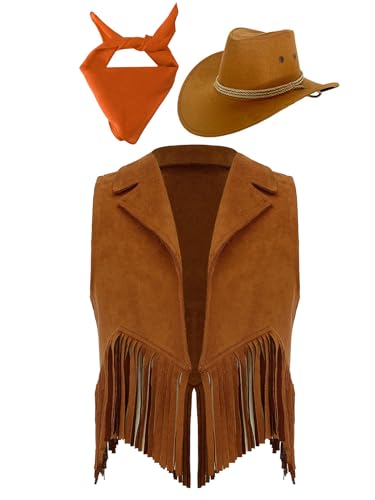 Eandarui Kinder Cowboy Kostüm Jungen Mädchen Western Outfit Wildleder Weste Ärmellos Fransenjacke Mit Hut Halstuch Für Fasching Karneval Braun und Orange 146-152 Eandarui Kinder Cowboy Kostüm Jungen Mädchen Western Outfit Wildleder Weste Ärmellos Fransenjacke Mit Hut Halstuch Für Fasching Karneval Braun und Orange 146-152 von Eandarui