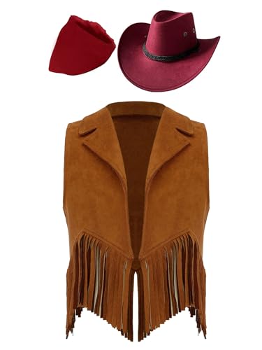 Eandarui Kinder Cowboy Kostüm Jungen Mädchen Western Outfit Wildleder Weste Ärmellos Fransenjacke Mit Hut Halstuch Für Fasching Karneval Braun&Rot 134-140 Eandarui Kinder Cowboy Kostüm Jungen Mädchen Western Outfit Wildleder Weste Ärmellos Fransenjacke Mit Hut Halstuch Für Fasching Karneval Braun&Rot 134-140 von Eandarui