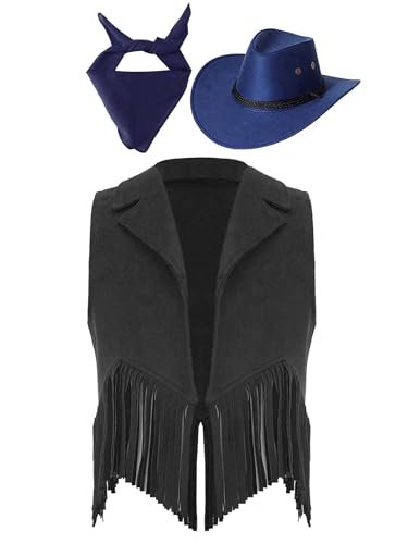 Eandarui Kinder Cowboy Kostüm Jungen Mädchen Western Outfit Wildleder Weste Ärmellos Fransenjacke Mit Hut Halstuch Für Fasching Karneval Schwarz Blau 146-152 Eandarui Kinder Cowboy Kostüm Jungen Mädchen Western Outfit Wildleder Weste Ärmellos Fransenjacke Mit Hut Halstuch Für Fasching Karneval Schwarz Blau 146-152 von Eandarui