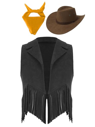 Eandarui Kinder Cowboy Kostüm Jungen Mädchen Western Outfit Wildleder Weste Ärmellos Fransenjacke Mit Hut Halstuch Für Fasching Karneval Schwarz Gelb 134-140 Eandarui Kinder Cowboy Kostüm Jungen Mädchen Western Outfit Wildleder Weste Ärmellos Fransenjacke Mit Hut Halstuch Für Fasching Karneval Schwarz Gelb 134-140 von Eandarui