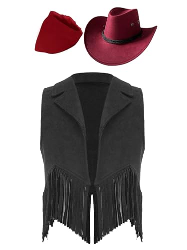 Eandarui Kinder Cowboy Kostüm Jungen Mädchen Western Outfit Wildleder Weste Ärmellos Fransenjacke Mit Hut Halstuch Für Fasching Karneval Schwarz Rot 158-164 Eandarui Kinder Cowboy Kostüm Jungen Mädchen Western Outfit Wildleder Weste Ärmellos Fransenjacke Mit Hut Halstuch Für Fasching Karneval Schwarz Rot 158-164 von Eandarui